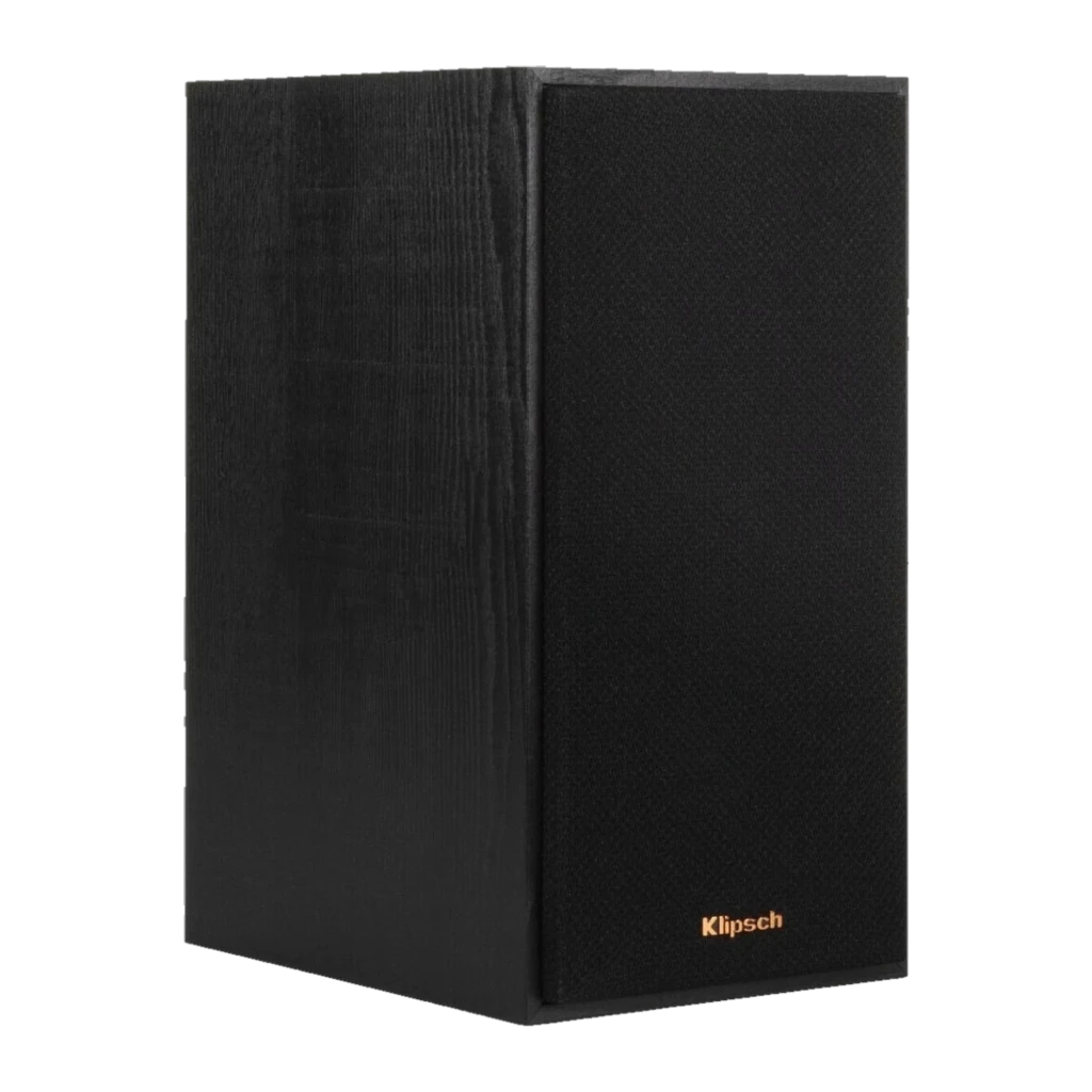 Altavoz Klipsch R-41M Reference 50 W en color negro, diseño de estantería con rejilla frontal texturizada y acabado tipo madera con logo Klipsch dorado