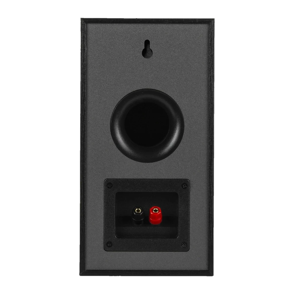 Klipsch R-41M Reference 50 W Negro, panel trasero con puerto bass reflex circular, borne de conexión rojo y negro, montaje mural tipo ojal