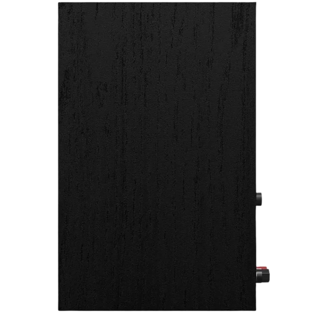 Painel lateral de coluna Klipsch em acabamento preto texturizado, formato retangular vertical com bordas retas e conexões discretas na traseira