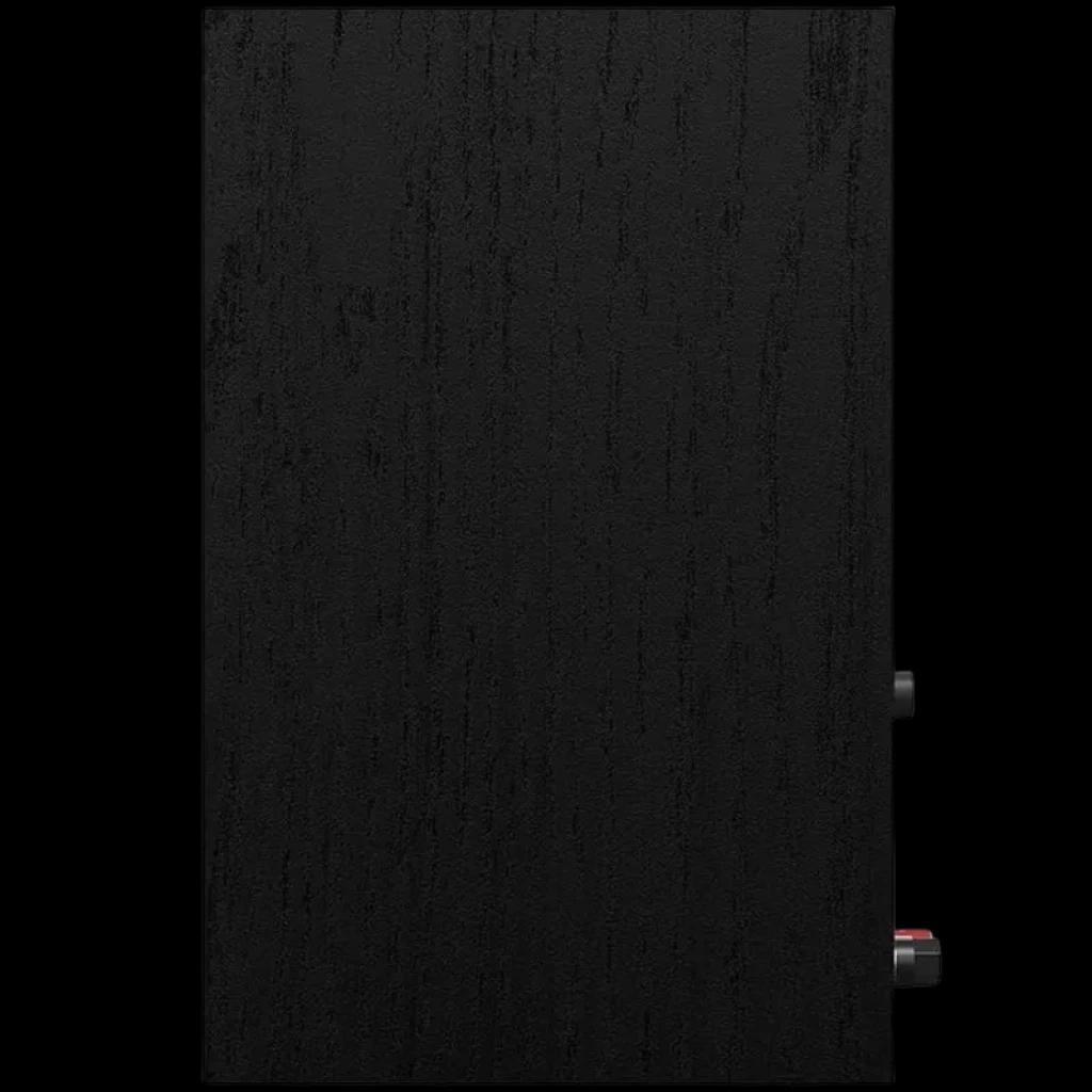 Painel lateral de coluna Klipsch em acabamento preto texturizado, formato retangular vertical com bordas retas e conexões discretas na traseira