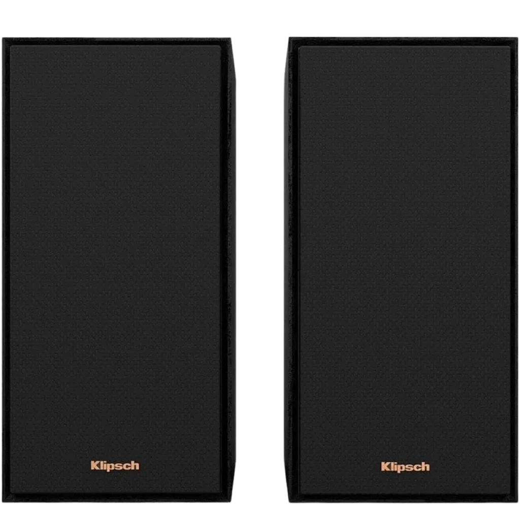 Klipsch Reference R-40PM, par de colunas ativas 70 W com grelhas frontais pretas, design retangular minimalista e logótipo Klipsch em cobre na base