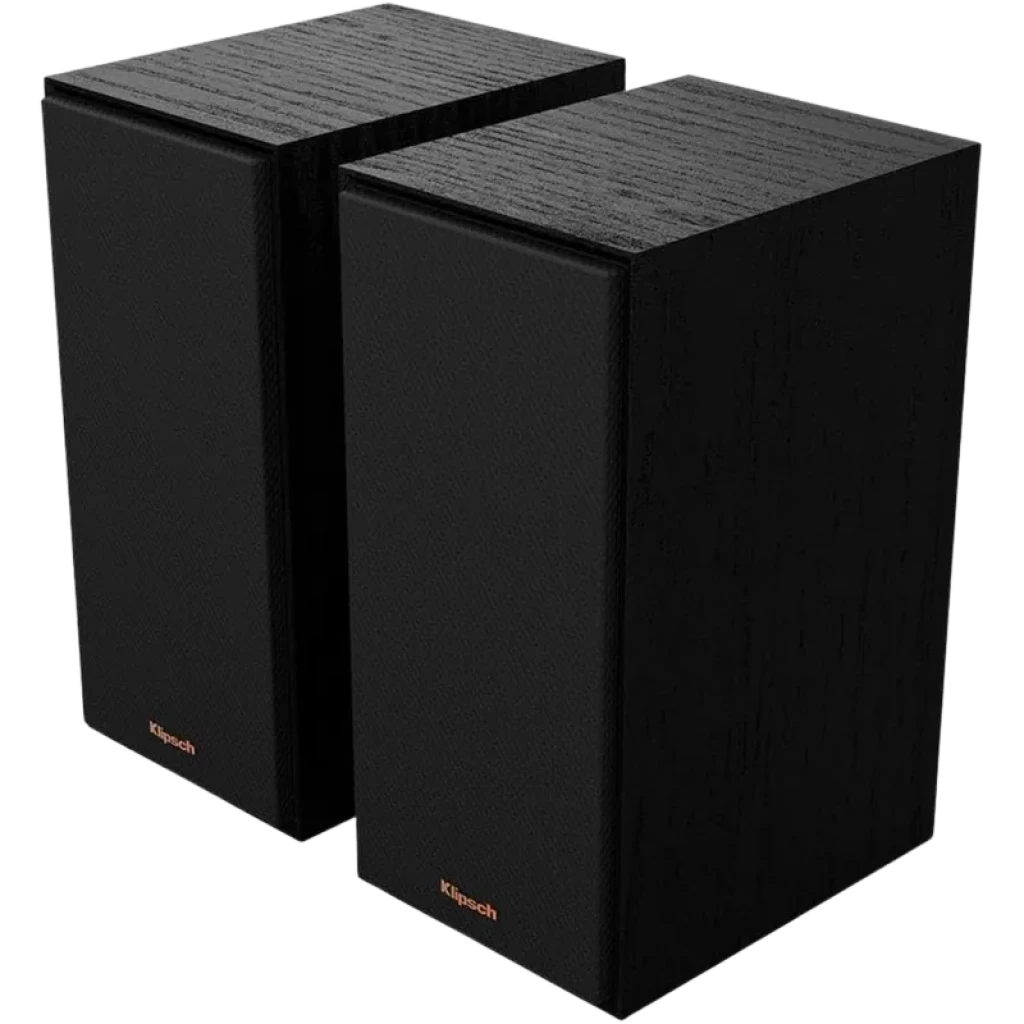 Klipsch Reference R-40PM colunas ativas de prateleira 70 W em par, acabamento preto texturizado, grelhas frontais removíveis e design compacto elegante