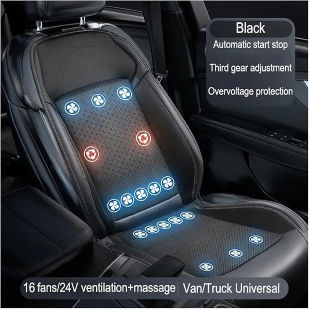 Funda de asiento 24V negra para van/camión, con 16 ventiladores LED azules, puntos de masaje rojos, ajuste de 3 niveles y protección contra sobretensión