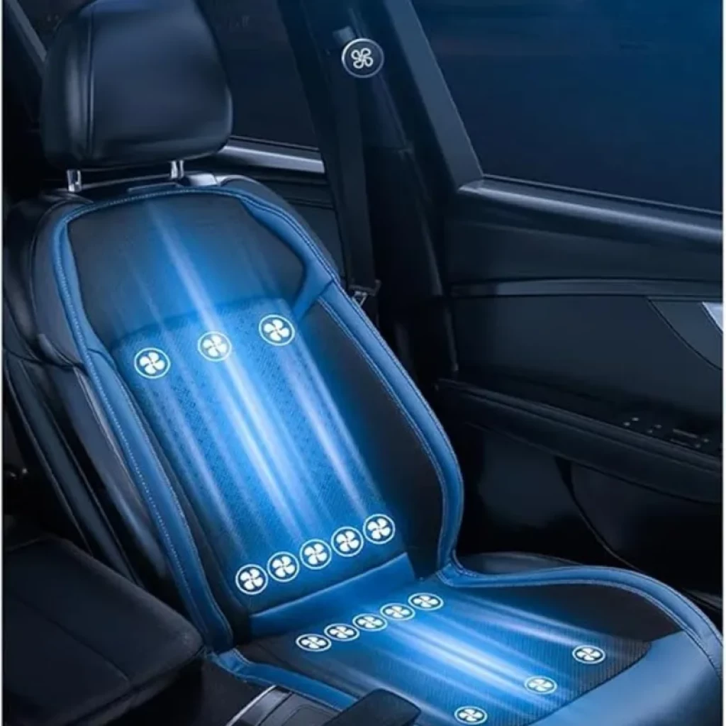 Funda de asiento 24V con ventilación y masaje, 16 ventiladores visibles, diseño ergonómico azul y negro, superficie perforada y luces indicativas de flujo