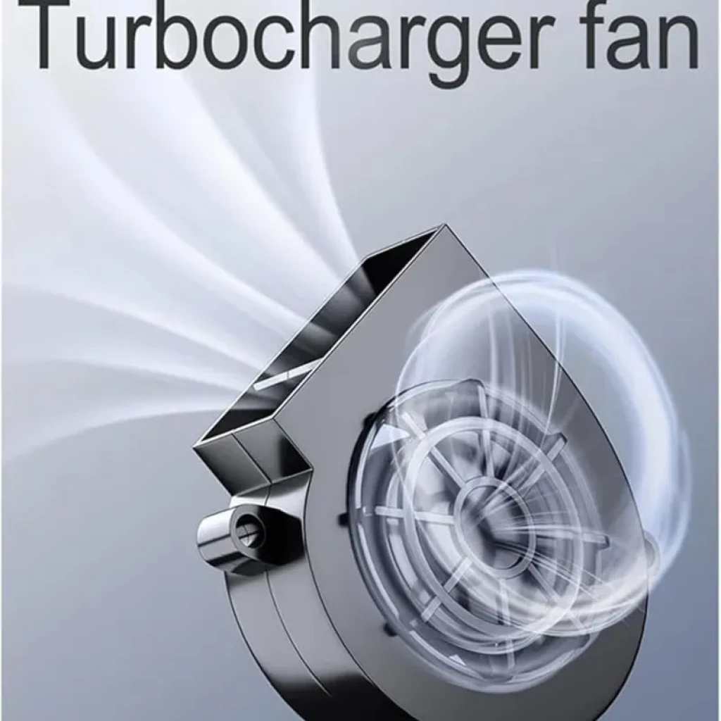 Ventilador tipo turbocompresor para funda de asiento 24V, carcasa gris, salida de aire frontal y lateral, diseño compacto que impulsa ventilación y masaje