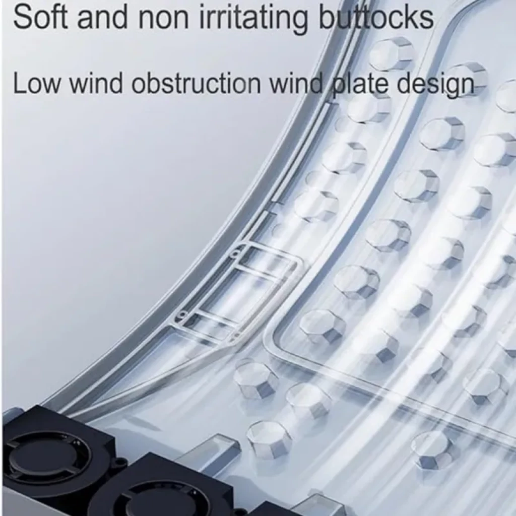 Panel interno transparente con múltiples cúpulas de ventilación y ranuras, diseño curvo ergonómico; base con ventiladores negros para flujo de aire y