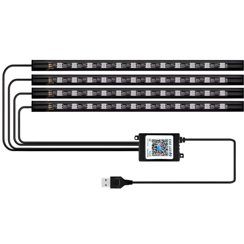 72 LED RGB USB-A APP – kit de iluminação interior automotivo com 4 barras de LED, controle por app, cores ajustáveis e alimentação USB para fácil