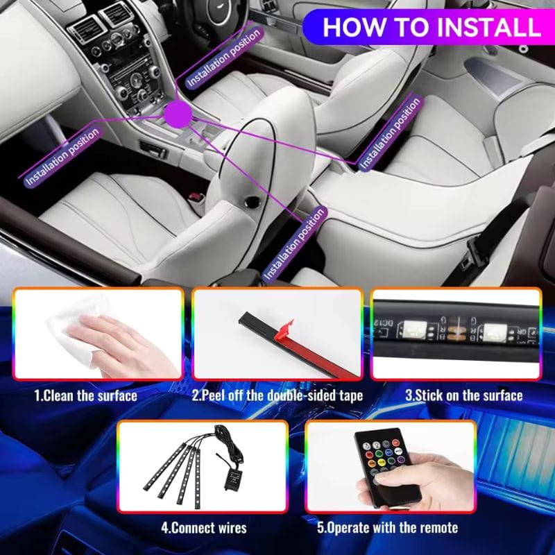 72 LED RGB USB-A APP Kit de iluminação interior para carro, tiras flexíveis em PVC, IP65 à prova d água, fita adesiva destacável, luz multicolor