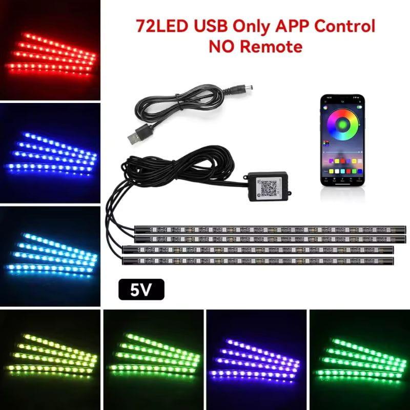 72 LED RGB USB-A APP Kit de iluminação interior para automóvel com 4 barras LED, controle por app, modos música e cores ajustáveis para interior do carro