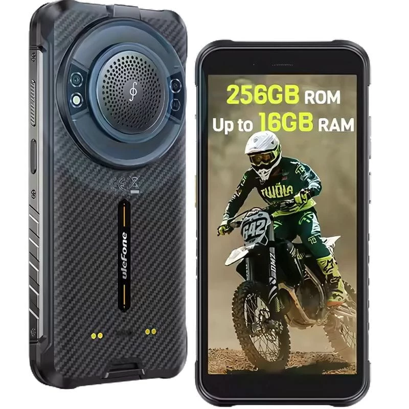 Ulefone RugKing 4G negro resistente con gran altavoz trasero circular, acabado tipo fibra de carbono, pantalla con biseles robustos y botones laterales