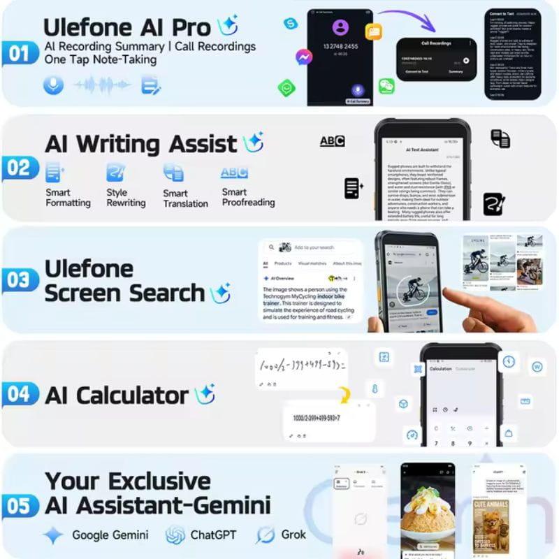Ulefone RugKing 4G preto robusto com tela destacando recursos de IA: Assistente, busca na tela, calculadora e gravação; ícones claros e layout em faixas
