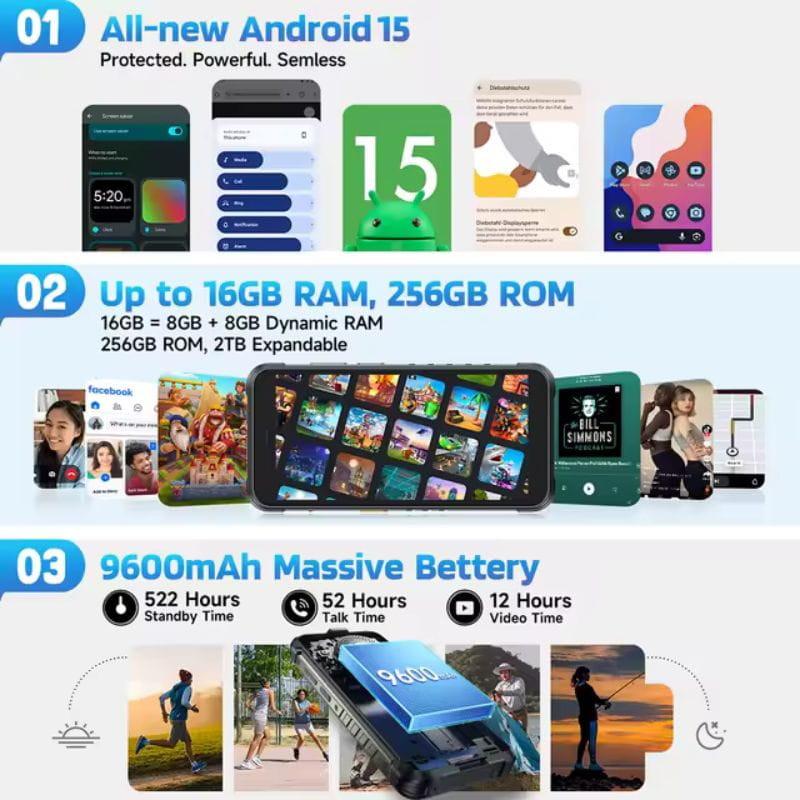 Smartphone robusto preto Ulefone RugKing 4G, tela grande, Android 15, alto-falante potente, 8 GB RAM, 128 GB, bateria 9600 mAh e corpo resistente