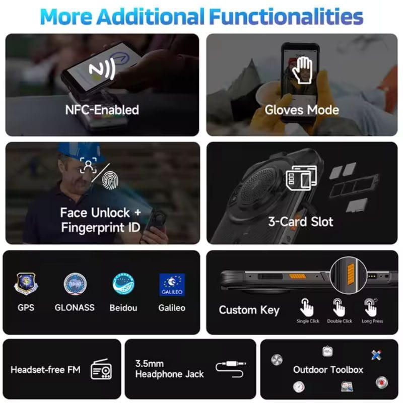 Painel promocional do Ulefone RugKing 4G preto: NFC, Modo Luvas, Face Unlock e impressão digital, slot 3 cartões, tecla customizável, GPS múltiplo, FM e