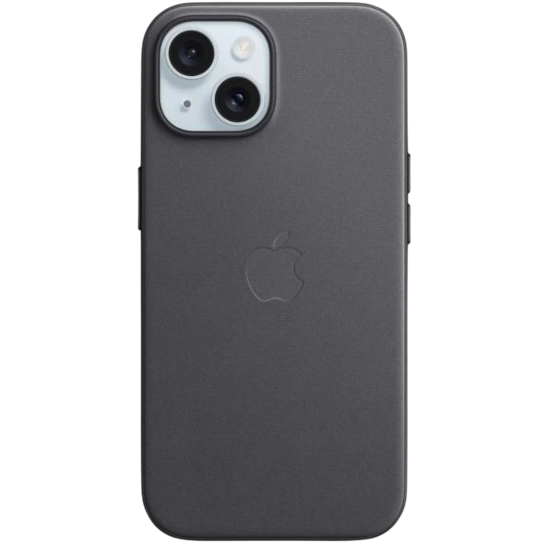 Coque FineWoven avec MagSafe pour iPhone 15, noire, texture mate, logo Apple centré, bordures fines, découpes précises pour modules photo et boutons