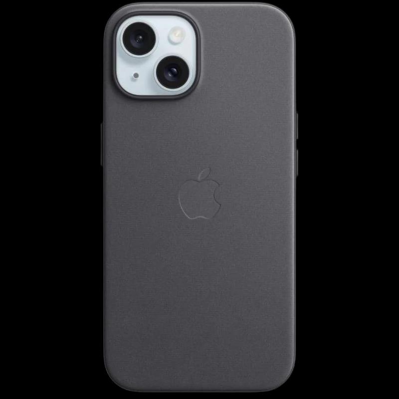Funda FineWoven con MagSafe para iPhone 15 en color negro, acabado tejido suave, logo Apple centrado, recorte preciso para cámara doble y bordes protectores