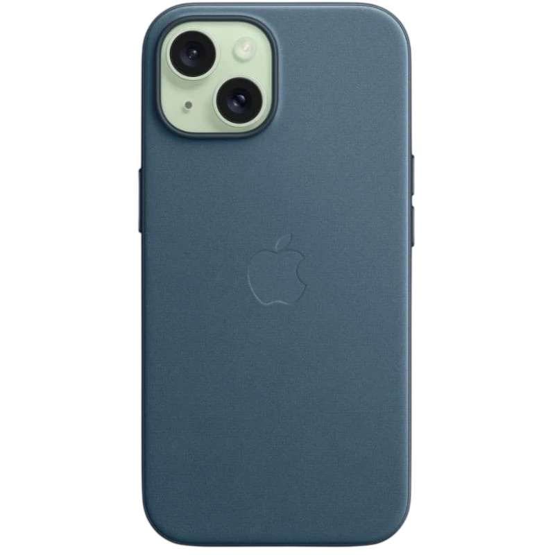 Funda FineWoven con MagSafe para iPhone 15 en color negro, acabado suave, logo Apple centrado, bordes redondeados y recortes precisos para cámaras y botones