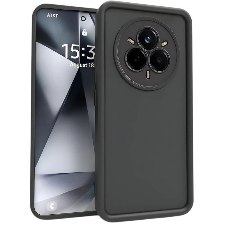 Funda Realme 14 Pro+ Square Liquid Premium Negro con borde elevado, acabado mate suave, protección de cámara circular triple y ajuste preciso anti golpes