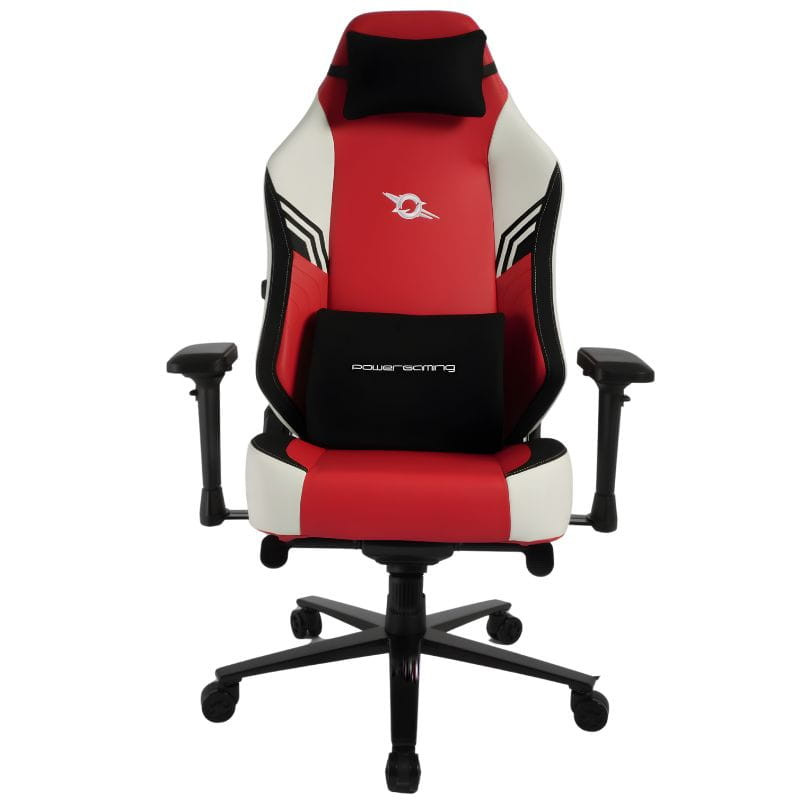 Chaise Gaming PowerGaming Vortex, dossier rouge et blanc, accoudoirs réglables, base noire à roulettes, silhouette ergonomique sportive, finition simili cuir.