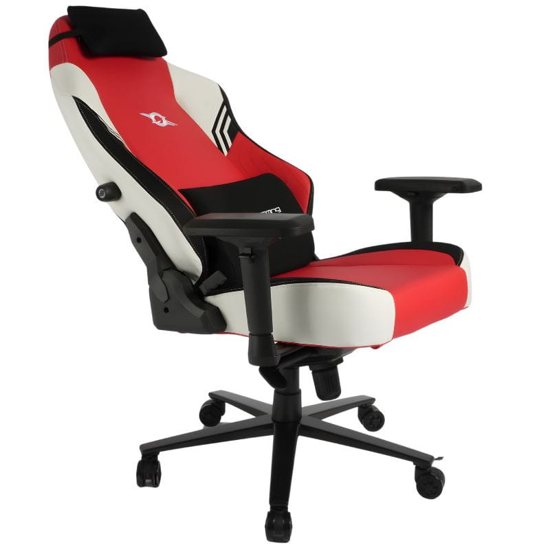 Chaise Gaming PowerGaming Vortex rouge et blanche, assise rembourrée, accoudoirs réglables, dossier ergonomique, base à roulettes noire robuste.