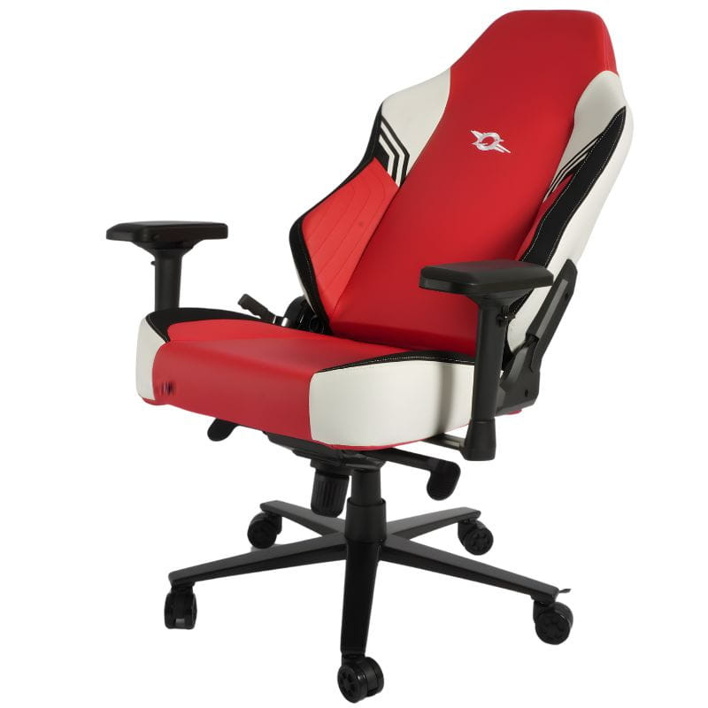 Chaise Gaming PowerGaming Vortex: fauteuil rouge/blanc avec coussins lombaire et cervical, accoudoirs réglables, base noire à roulettes, style sport.