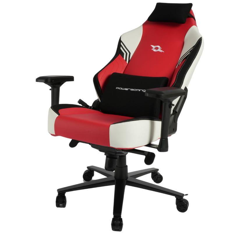 Chaise Gaming PowerGaming Vortex: siège rouge/blanc avec accoudoirs 4D, appui-tête, dossier haut ergonomique et base à roulettes noire robuste.