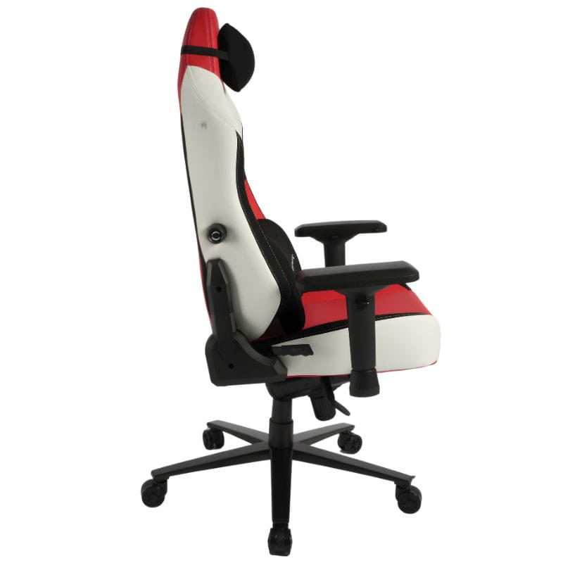 Chaise Gaming PowerGaming Vortex: siège rouge/blanc style baquet, accoudoirs réglables, coussins lombaire et appui-tête, base à roulettes noire robuste.