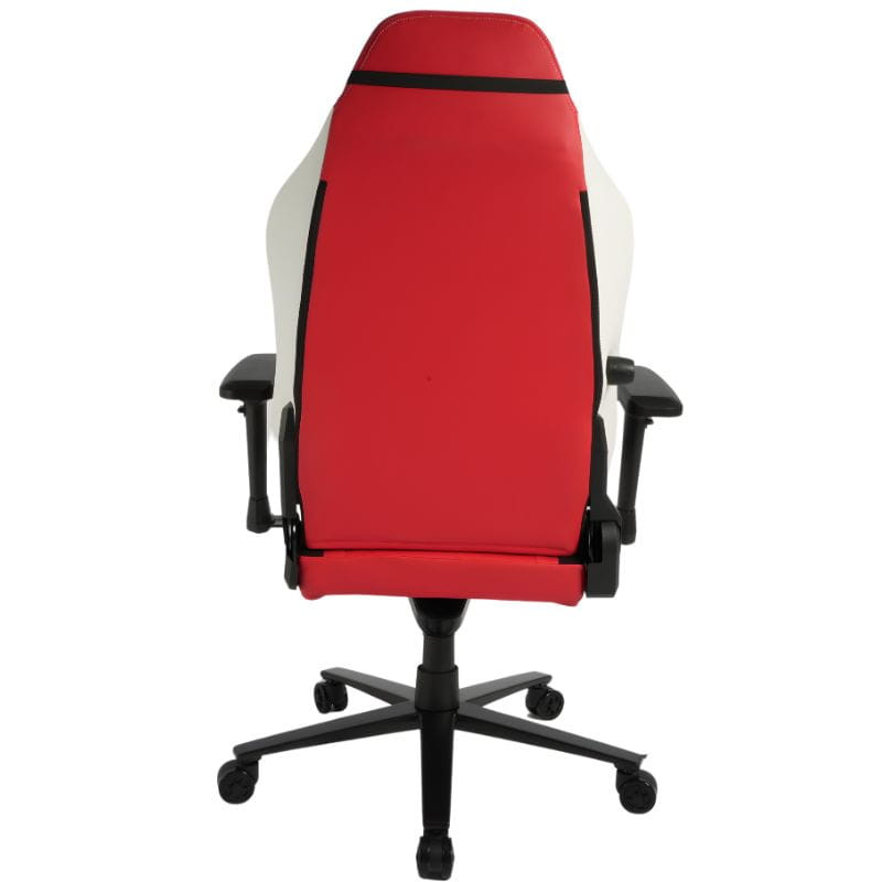 Chaise Gaming PowerGaming Vortex rouge/noir/blanc, dossier haut ergonomique, coussin appui-tête, accoudoirs réglables, base à roulettes robuste.