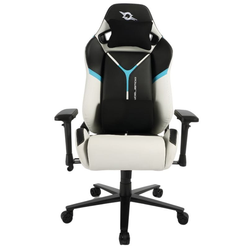 Silla Gaming PowerGaming ProLine: respaldo alto negro y blanco con ribete turquesa, reposabrazos ajustables, base de 5 ruedas y diseño tipo bucket ergonómico.