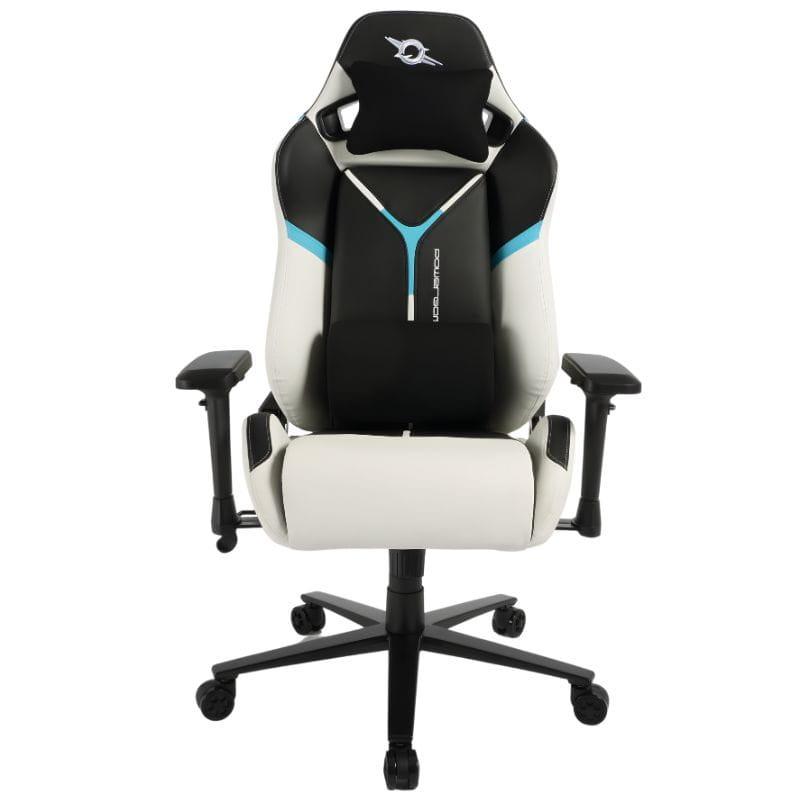 Silla Gaming PowerGaming ProLine: respaldo alto negro y blanco con ribete turquesa, reposabrazos ajustables, base de 5 ruedas y diseño tipo bucket ergonómico.
