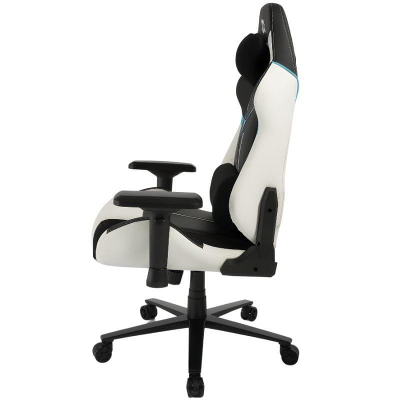 Silla Gaming PowerGaming ProLine: diseño ergonómico blanco y negro, respaldo alto con cojín cervical, reposabrazos ajustables, base de 5 ruedas robusta.