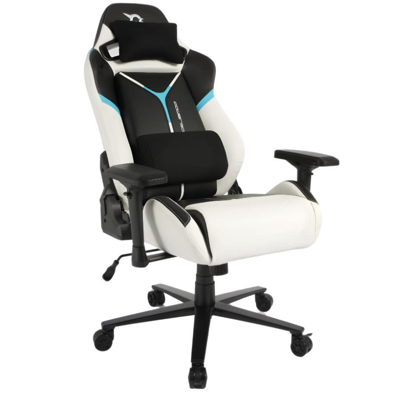 Silla Gaming PowerGaming ProLine: diseño ergonómico en cuero sintético blanco y negro, apoyabrazos ajustables, cojines lumbar y cervical, base con ruedas.