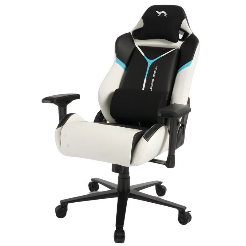 Silla Gaming PowerGaming ProLine blanca con ribetes negros, respaldo alto ergonómico, cojín cervical, reposabrazos ajustables y base con ruedas resistentes