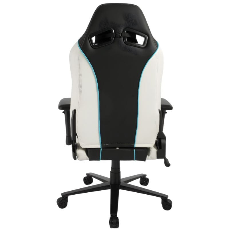 Silla Gaming PowerGaming ProLine: diseño ergonómico negro y blanco con detalles azules, cojines lumbar y cervical, reposabrazos ajustables y base de 5 ruedas.