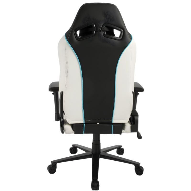 Silla Gaming PowerGaming ProLine: diseño ergonómico negro y blanco con detalles azules, cojines lumbar y cervical, reposabrazos ajustables y base de 5 ruedas.