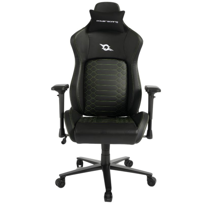 Chaise Gaming PowerGaming i3 Atlas: dossier haut noir mat, accoudoirs réglables, base à 5 roulettes, leviers latéraux, silhouette ergonomique robuste.
