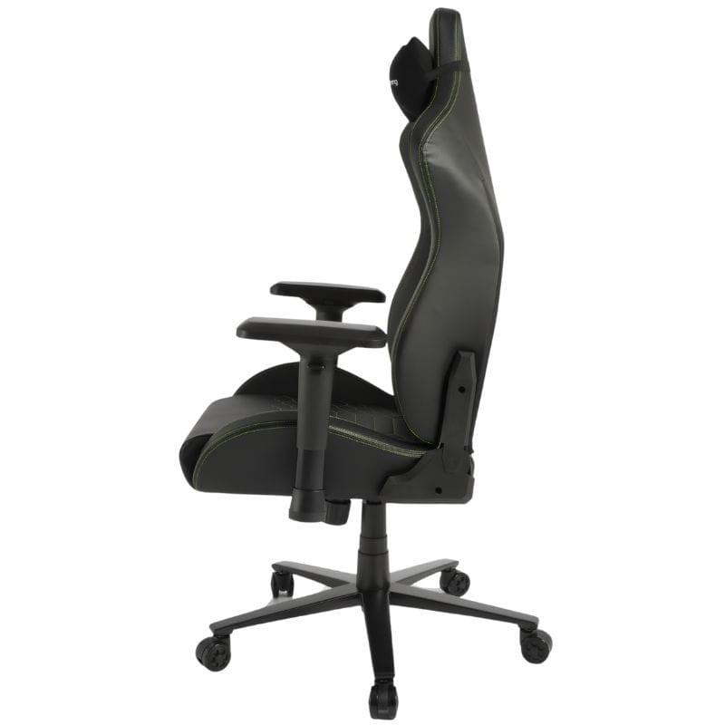 Chaise Gaming PowerGaming i3 Atlas: fauteuil noir ergonomique, surpiqûres vertes, accoudoirs réglables, dossier haut avec coussin tête, base à roulettes.