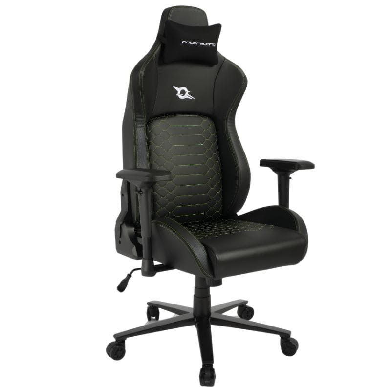 Chaise Gaming PowerGaming i3 Atlas: fauteuil noir profil, dossier haut avec appui-tête, accoudoirs réglables, surpiqûres vertes, base à 5 roulettes robuste.