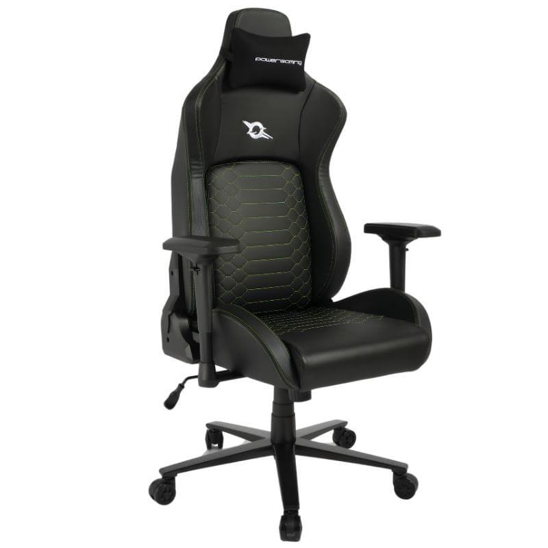 Chaise Gaming PowerGaming i3 Atlas: fauteuil noir profil, dossier haut avec appui-tête, accoudoirs réglables, surpiqûres vertes, base à 5 roulettes robuste.