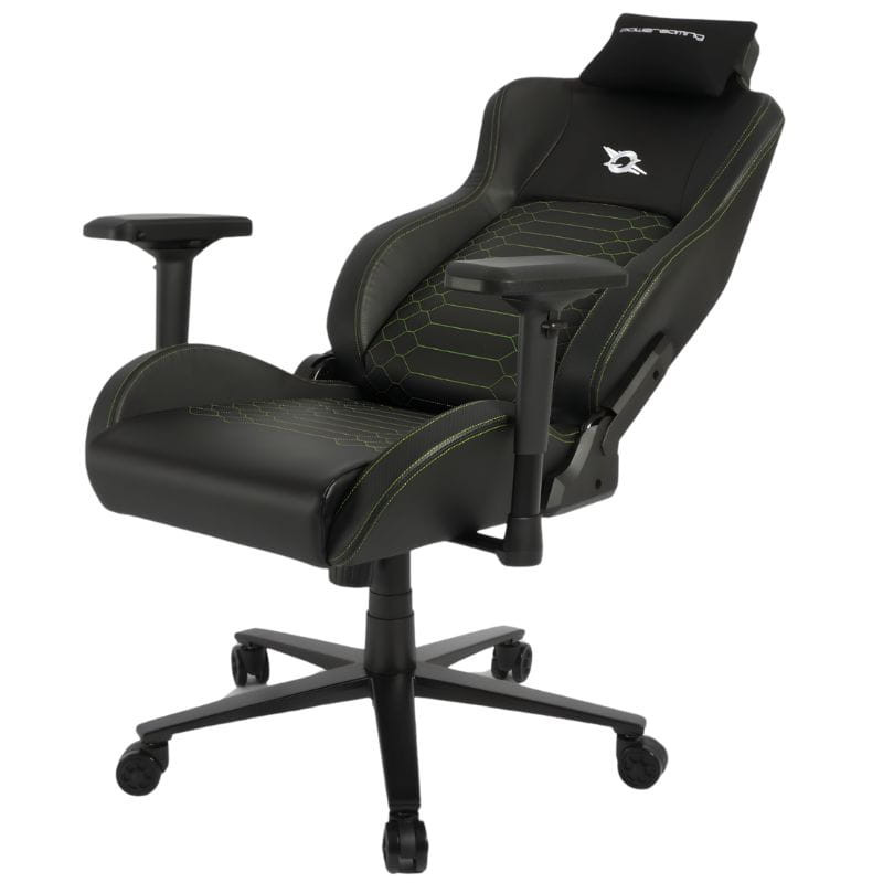 Chaise Gaming PowerGaming i3 Atlas: fauteuil ergonomique inclinable, revêtement similicuir noir/vert, accoudoirs réglables 4D, coussin lombaire, base à