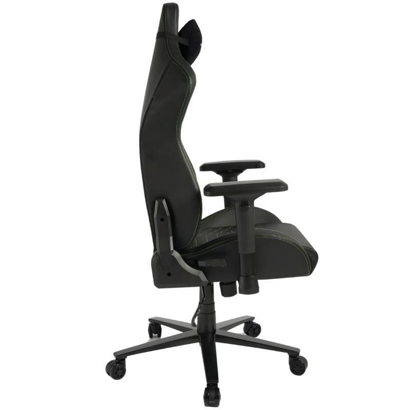 Chaise Gaming PowerGaming i3 Atlas: siège baquet noir, surpiqûres vertes, motif alvéolé, accoudoirs réglables, coussin appui-tête, base à roulettes