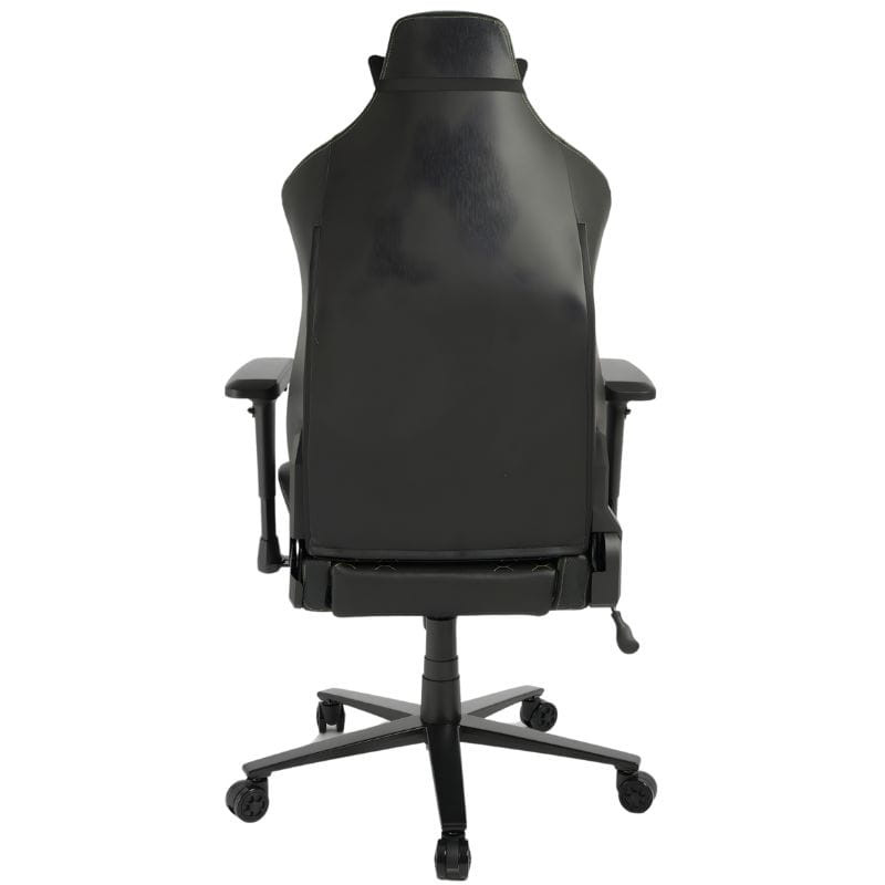 Chaise Gaming PowerGaming i3 Atlas noire, surpiqûres vertes, dossier ergonomique avec appui-tête, accoudoirs réglables, assise alvéolée, base à roulettes.
