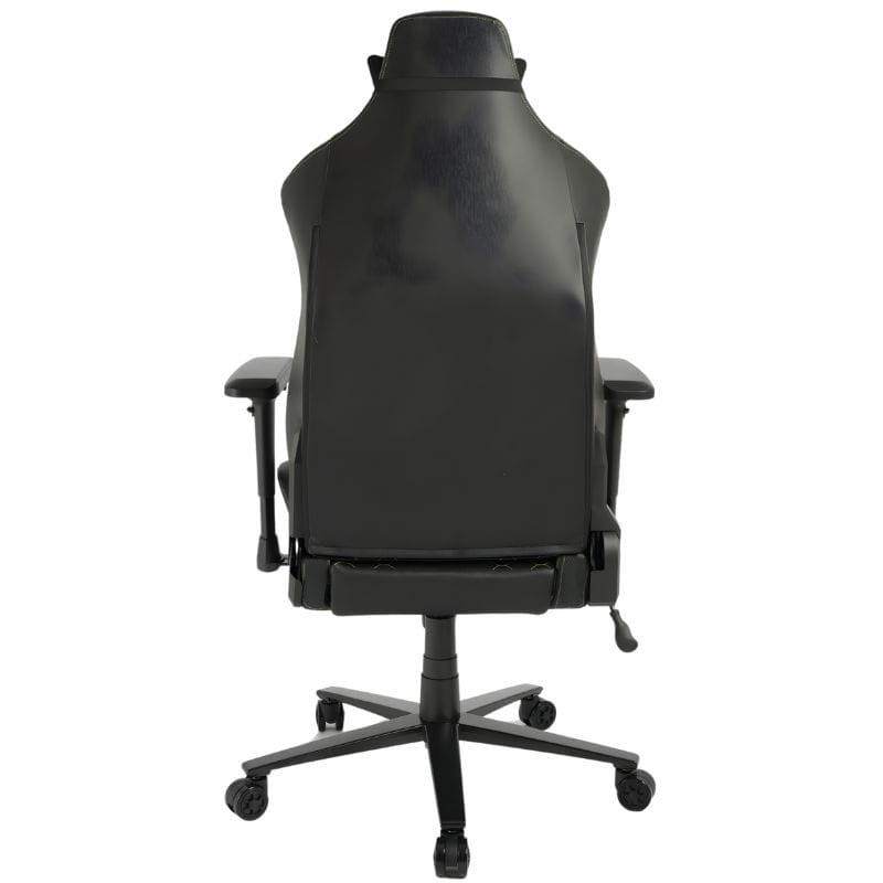 Chaise Gaming PowerGaming i3 Atlas noire, surpiqûres vertes, dossier ergonomique avec appui-tête, accoudoirs réglables, assise alvéolée, base à roulettes.