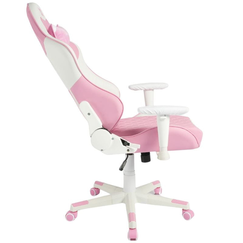 Silla Gaming PowerGaming NERV en rosa y blanco, respaldo alto con aberturas, correas ajustables, reposabrazos, base con ruedas bicolores y ajuste de altura.