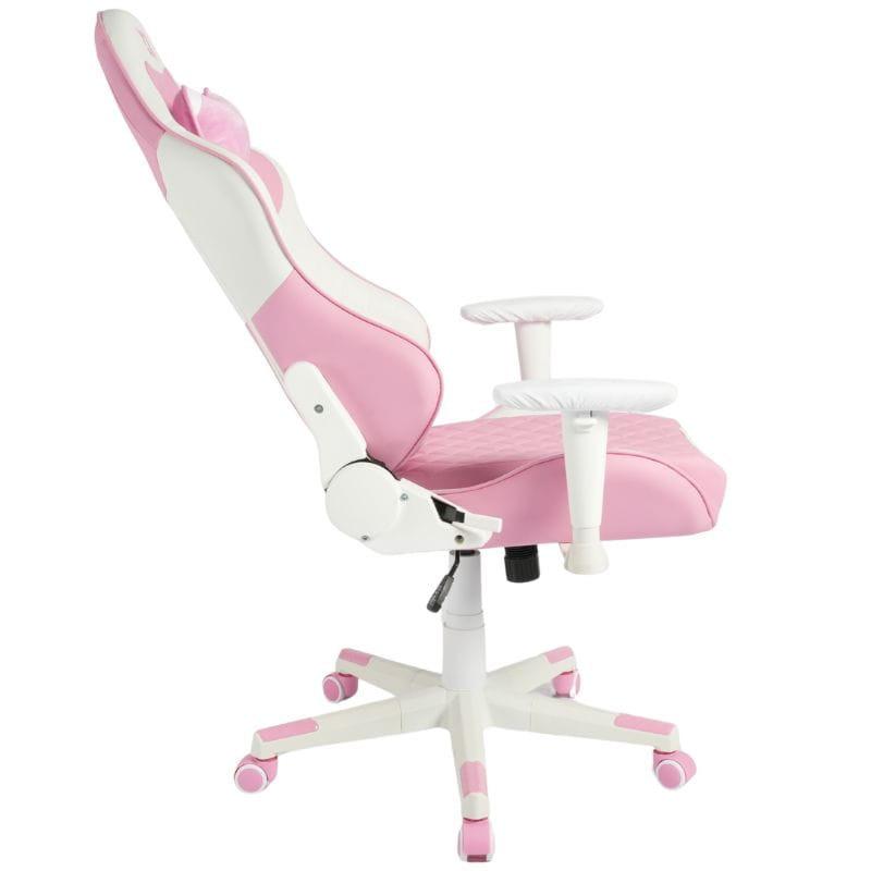 Silla Gaming PowerGaming NERV en rosa y blanco, respaldo alto con aberturas, correas ajustables, reposabrazos, base con ruedas bicolores y ajuste de altura.