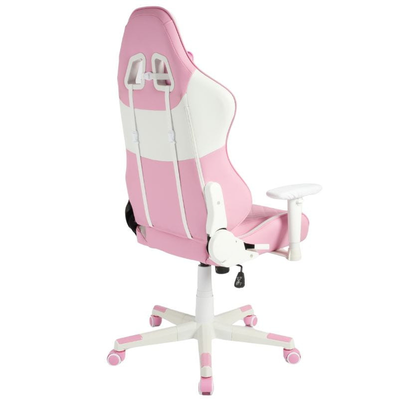 Silla Gaming PowerGaming NERV rosa y blanca, ergonómica con cojines lumbar y cervical, reposabrazos ajustables y base con ruedas, diseño deportivo.