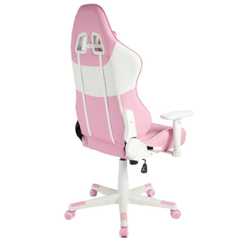 Silla Gaming PowerGaming NERV rosa y blanca, ergonómica con cojines lumbar y cervical, reposabrazos ajustables y base con ruedas, diseño deportivo.