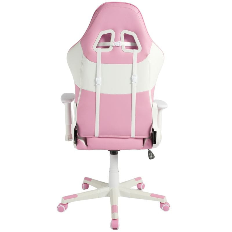 Silla Gaming PowerGaming NERV rosa y blanca con respaldo alto, reposabrazos ajustables, base de cinco ruedas bicolor y tapizado acolchado estilo racer.