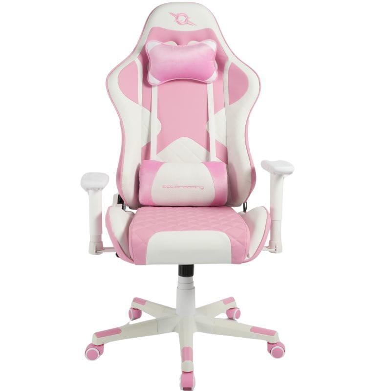 Silla Gaming PowerGaming NERV rosa y blanca, respaldo alto reclinable, reposabrazos ajustables, base con ruedas dobles y cojín cervical integrado.