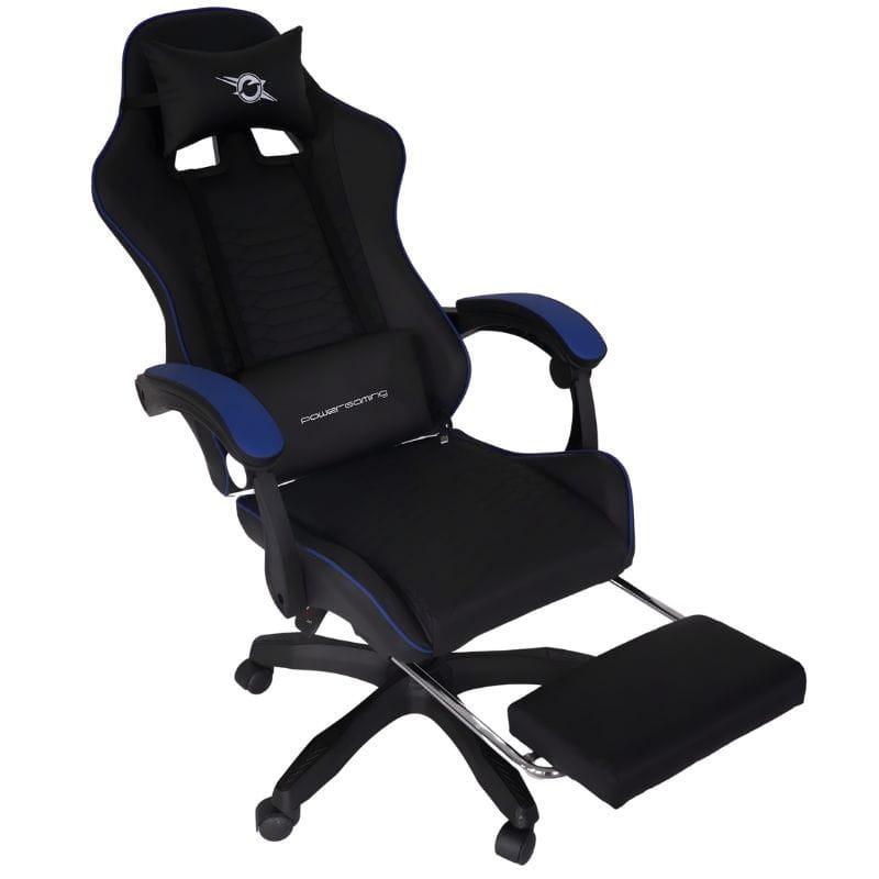 Respaldo de la Silla Gaming PowerGaming Itokawa con reposacabezas acolchado negro, bordes azules y logo bordado, diseño ergonómico y deportivo.