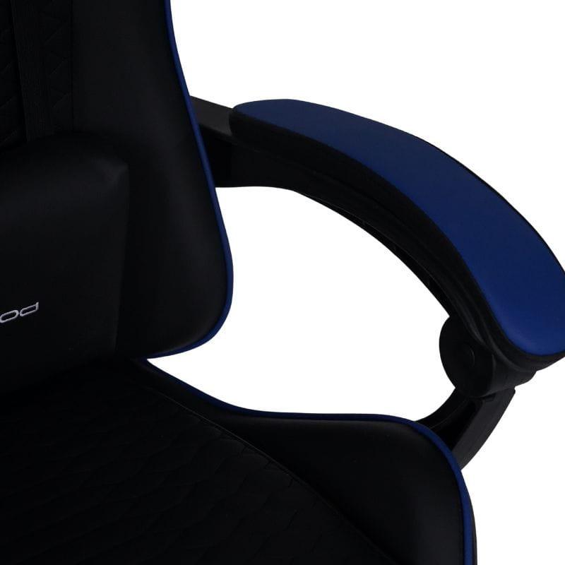 Silla Gaming PowerGaming Itokawa con reposapiés, diseño ergonómico negro y azul, cojín lumbar y cervical, respaldo alto, apoyabrazos acolchados y base con